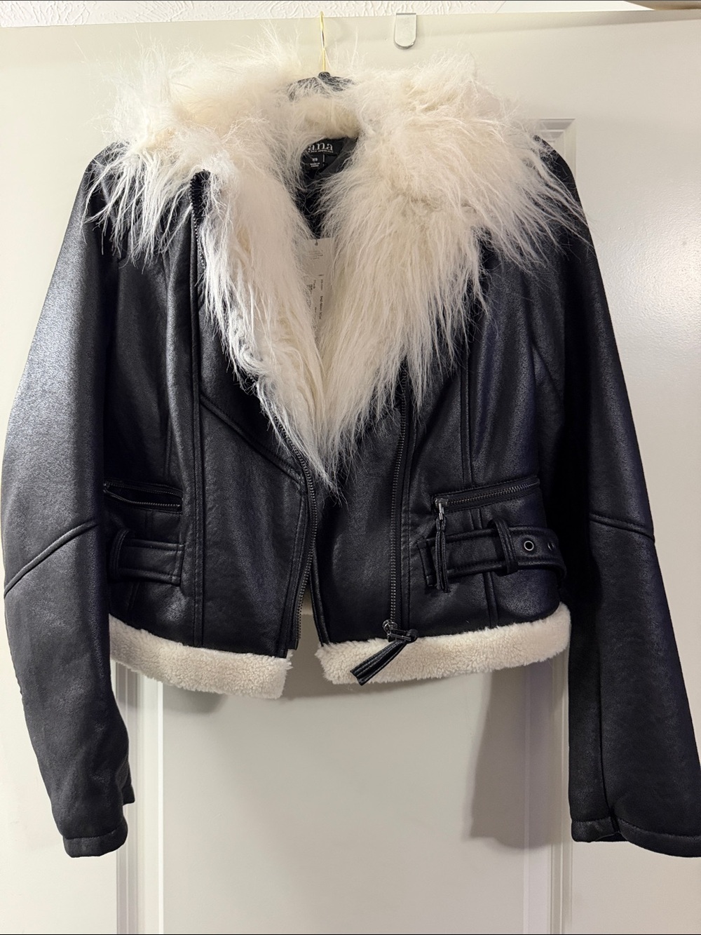 Brand New ANA Black Faux Leather Jacket with Ivory Fur Trim